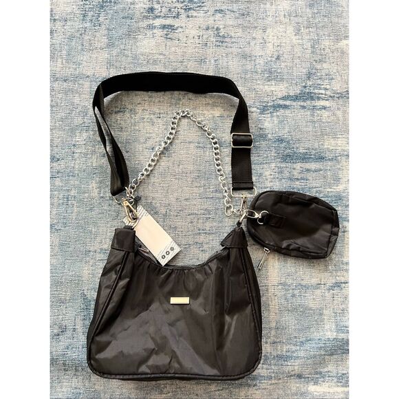NWT! Boohoo Black Nylon Shoulder Bag w Detachable Crossbody Strap and Pouch - Picture 2 of 6